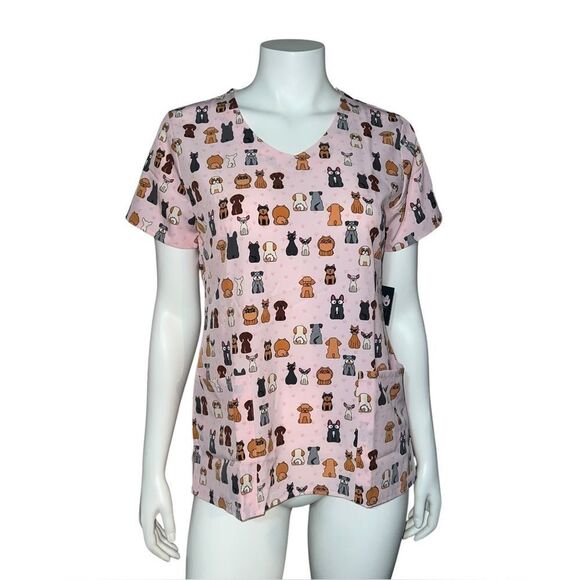 Zoe and Chloe Womens Floofster V-Neck Scrub Top Dogs Pink Small NWT - Picture 2 of 9